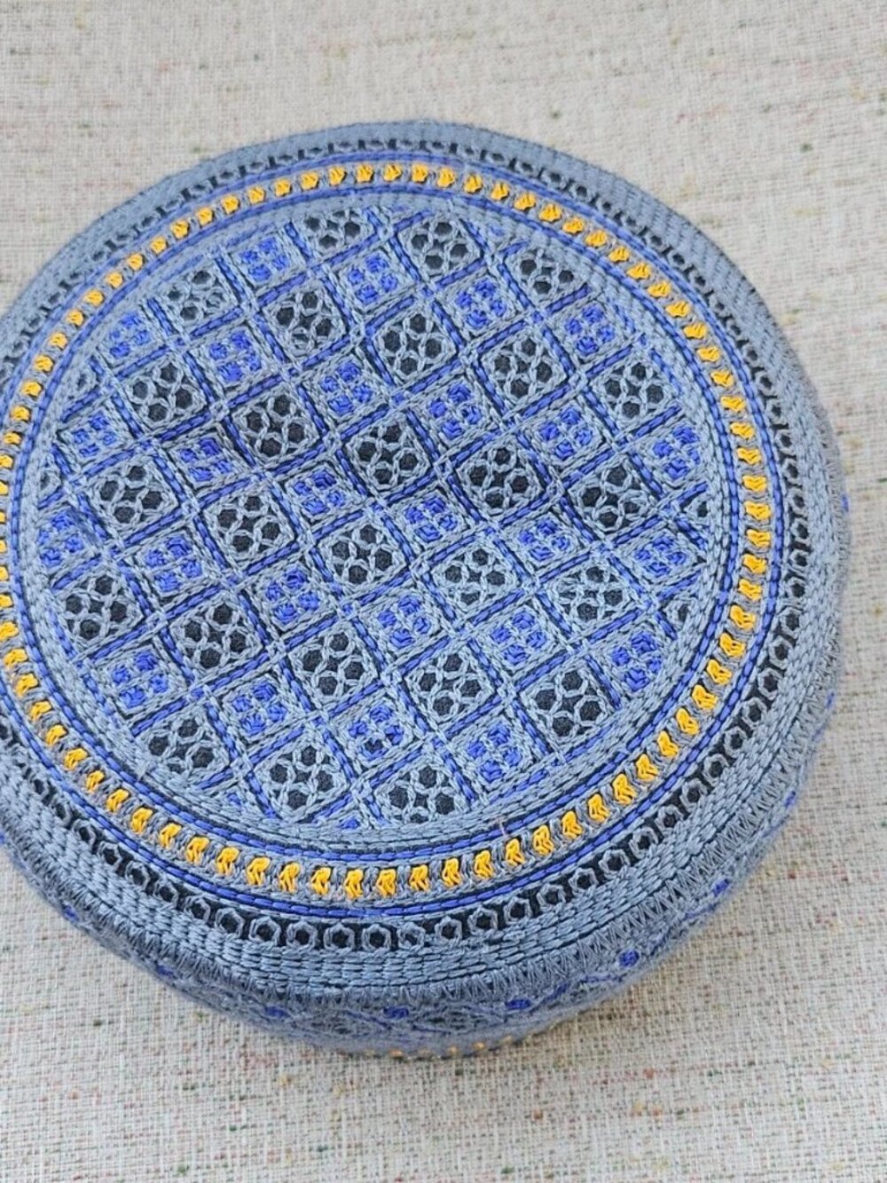 Men Hat Embroidery Gray/Blue Round Topi Cap Traditional Prayer Muslim Size 55cm - Picture 5 of 10